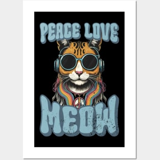 Peace Love Meow, Retro Groovy Style Hippie Cat Lover Design Posters and Art